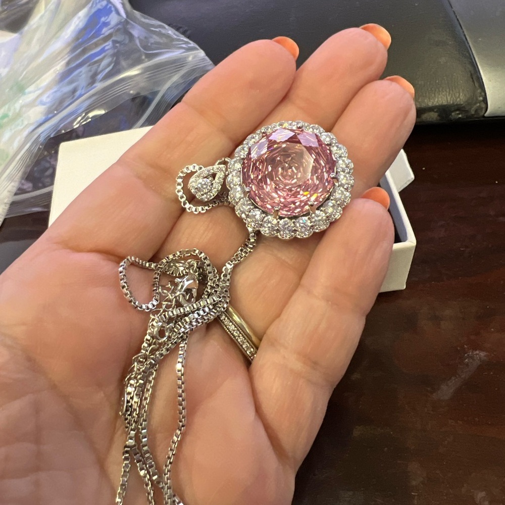 GORGEOUS Giant Pink Rose-Cut CZ & Moissanite Halo-Style Pendant 17 ctw 20” - Picture 13 of 13